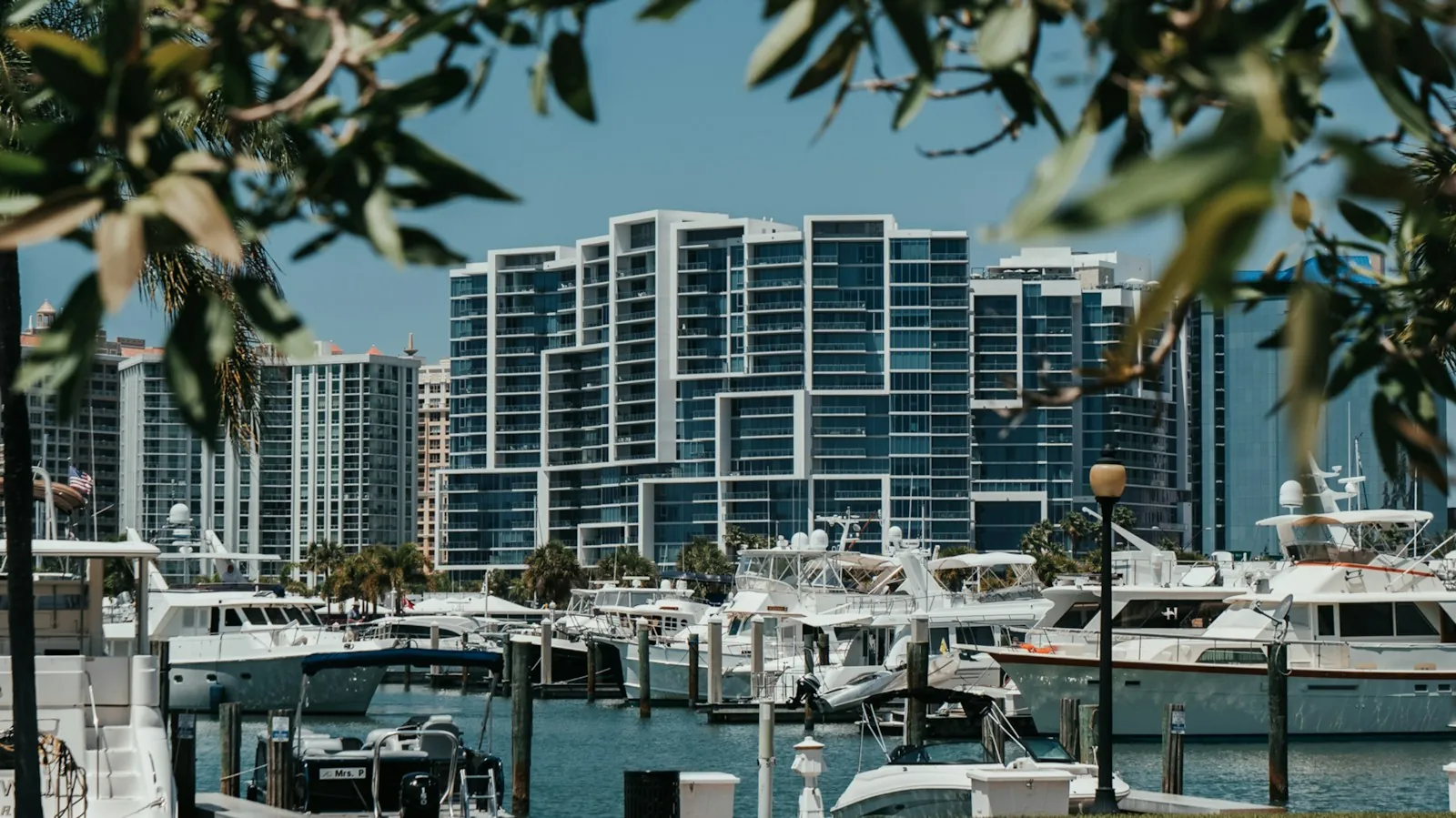 Modern residential towers above a marina